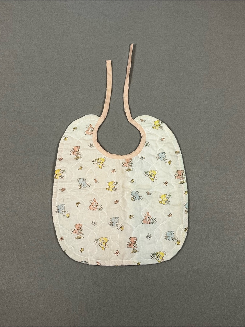 Vintage Quilted Baby Bib Pastel Nursery Animals Bunny Tie Back Pink Trim